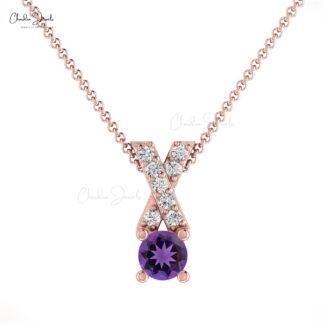 Natural Amethyst 0.42 Ct Gemstone Pendant In 14k Real Gold G-H Diamond Cross Necklace