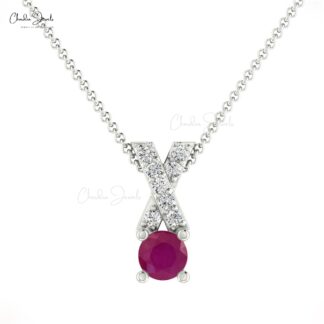 Genuine 14K Gold Ruby & Round Diamond Criss Cross Pendant