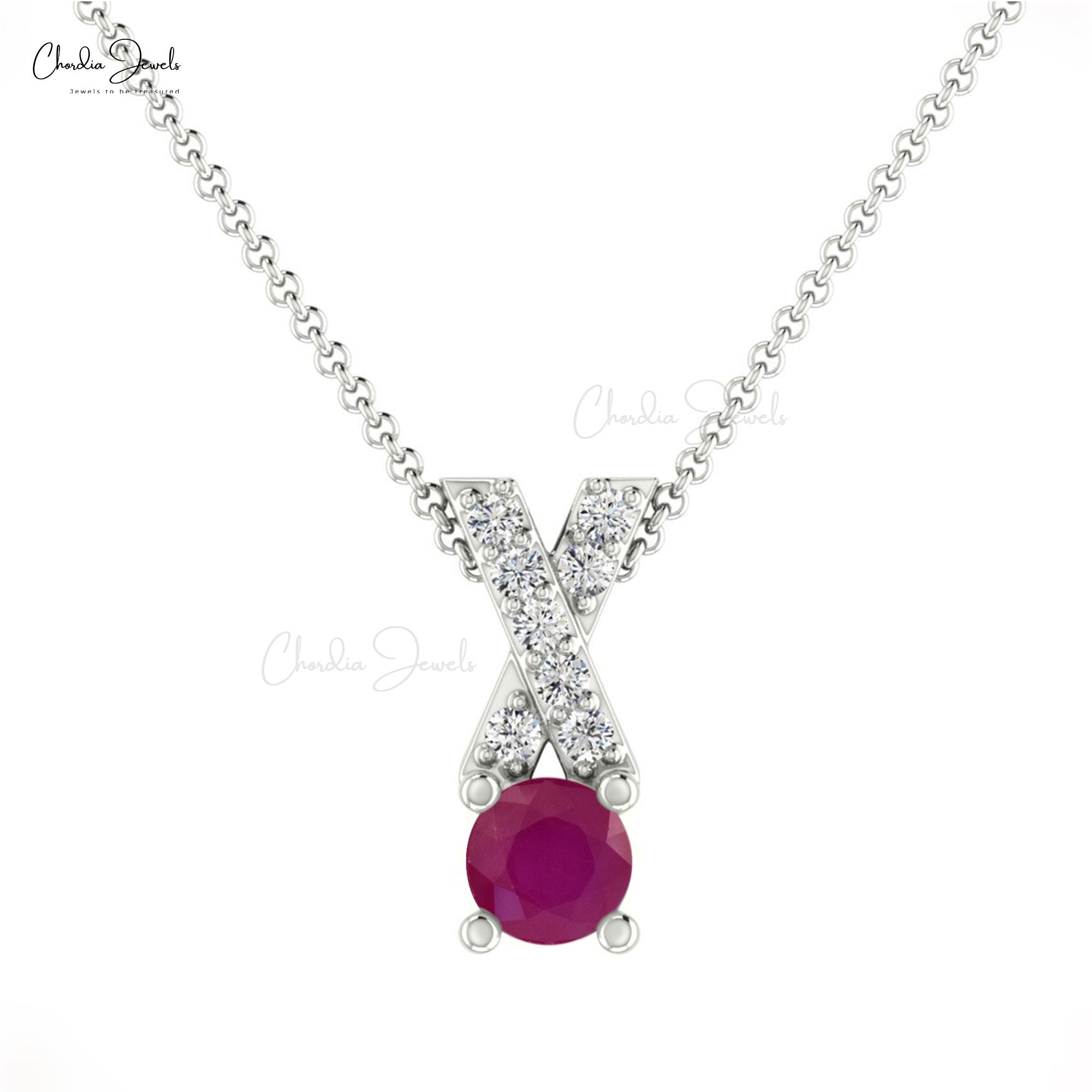 Genuine 14K Gold Ruby & Round Diamond Criss Cross Pendant