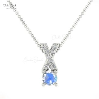 Natural Moonstone Criss Cross Pendant In 14k Solid Gold Pave Diamond Women Jewelry
