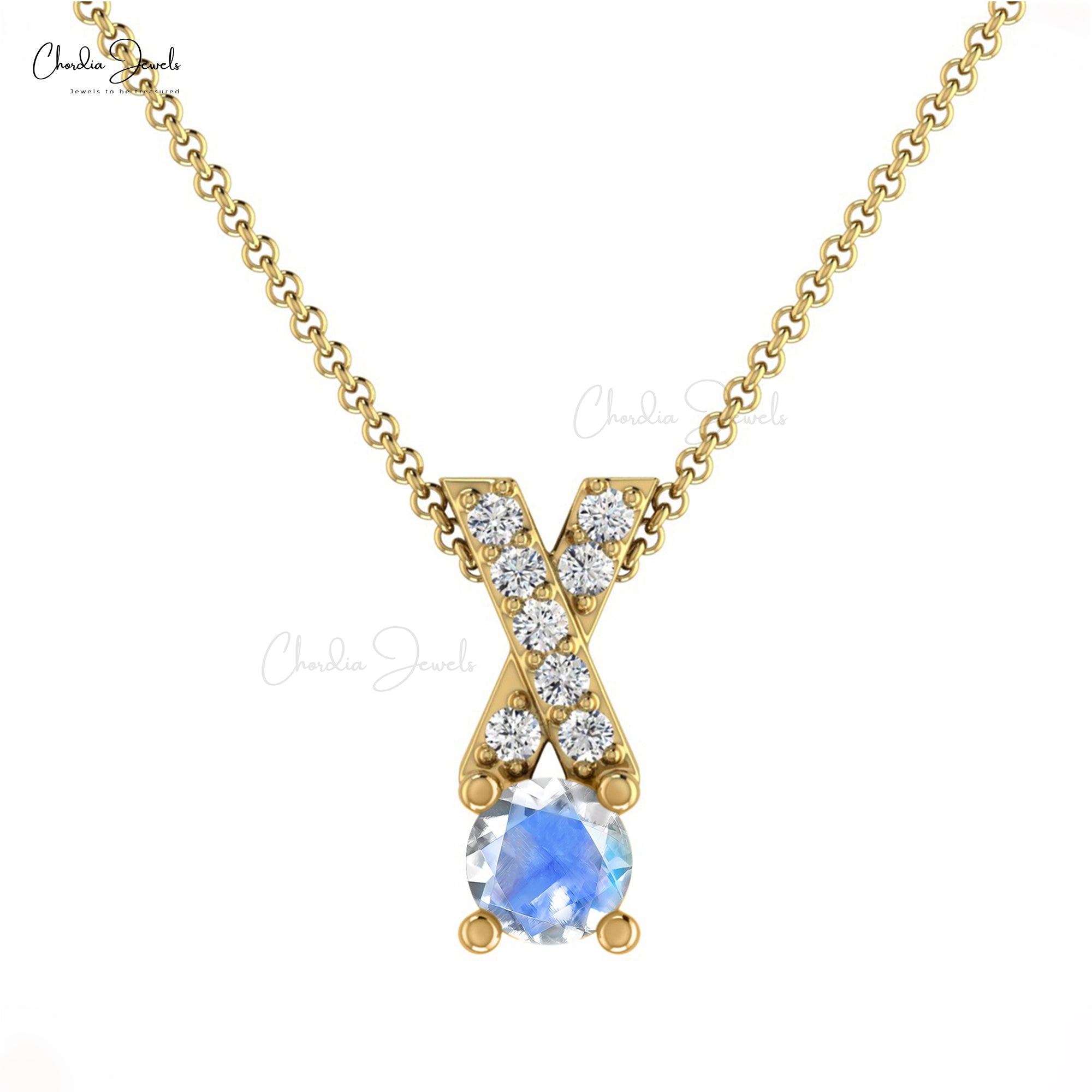 Natural Moonstone Criss Cross Pendant In 14k Solid Gold Pave Diamond Women Jewelry
