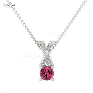 Pink Tourmaline & Diamond Criss Cross Pendant in 14K Gold October Birthstone