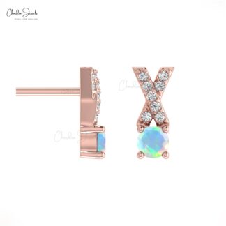 Natural Ethiopian Opal Handmade Studs Earring 14k Solid Gold White Diamond Earring 5mm Round Cut Handmade Gemstone Criss Cross Earring For Women’s