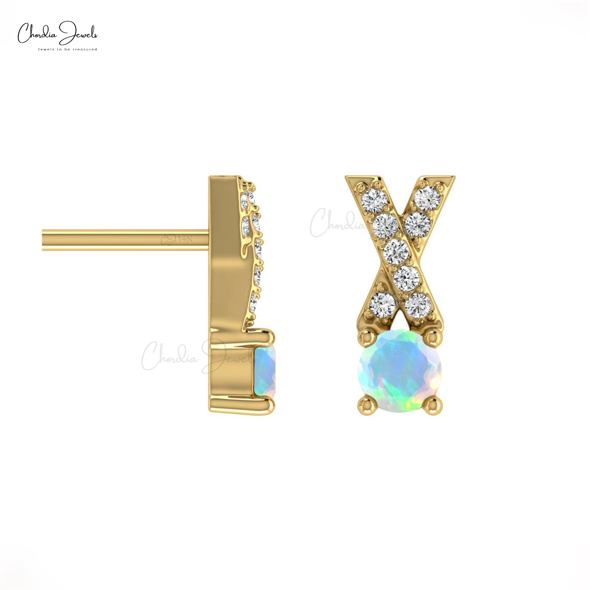 Natural Ethiopian Opal Handmade Studs Earring 14k Solid Gold White Diamond Earring 5mm Round Cut Handmade Gemstone Criss Cross Earring For Women’s