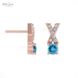 Natural Swiss Blue Topaz Studs Earring In 14k Solid Gold With White Diamond Criss Cross Earring 5mm Round Cut Handmade Gemstone Earring For Women’s