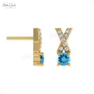 Natural Swiss Blue Topaz Studs Earring In 14k Solid Gold With White Diamond Criss Cross Earring 5mm Round Cut Handmade Gemstone Earring For Women’s