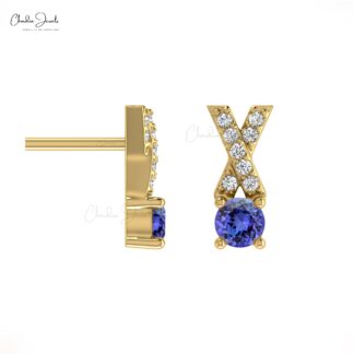 Natural Tanzanite 0.98ct & Diamond Earrings in 14k Solid Gold Mini Criss-Cross Studs For Gift