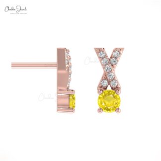 Natural Yellow Sapphire Criss Cross Handmade Studs Earring 14k Solid Gold White Diamond Earring 5mm Round Cut Gemstone Earring For Women’s