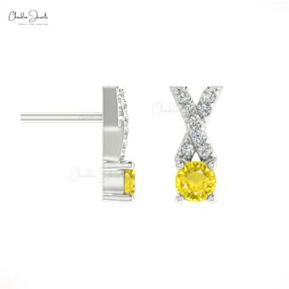 Natural Yellow Sapphire Criss Cross Handmade Studs Earring 14k Solid Gold White Diamond Earring 5mm Round Cut Gemstone Earring For Women's