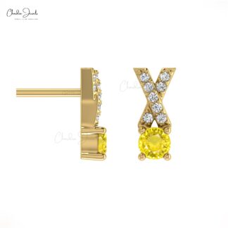 Natural Yellow Sapphire Criss Cross Handmade Studs Earring 14k Solid Gold White Diamond Earring 5mm Round Cut Gemstone Earring For Women’s