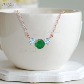 Natural Round Emerald & Aquamarine Trilogy Necklace 14k Solid Gold Fine Gemstone Necklace For Her