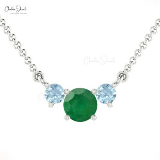 Natural Round Emerald & Aquamarine Trilogy Necklace 14k Solid Gold Fine Gemstone Necklace For Her