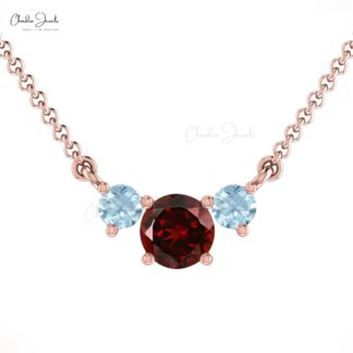 Lavaliere Necklace With Aquamarine & Garnet Gemstone 14k Real Gold 3-Stone Statement Necklace