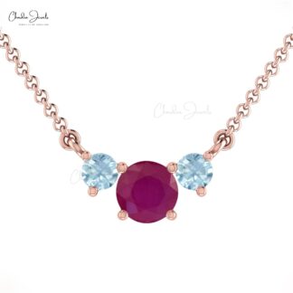 Lavaliere Women Necklace With 5mm Ruby And Aquamarine Prong Set In 14k Real Gold Necklace