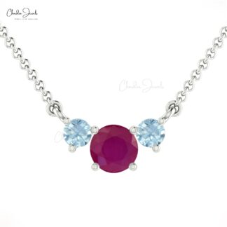 Lavaliere Women Necklace With 5mm Ruby And Aquamarine Prong Set In 14k Real Gold Necklace