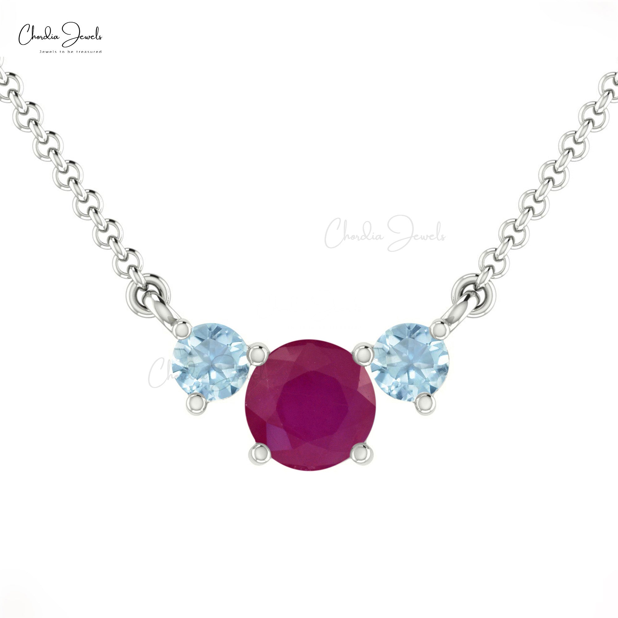 Lavaliere Women Necklace With 5mm Ruby And Aquamarine Prong Set In 14k Real Gold Necklace