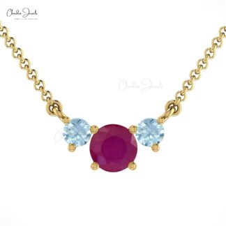 Lavaliere Women Necklace With 5mm Ruby And Aquamarine Prong Set In 14k Real Gold Necklace