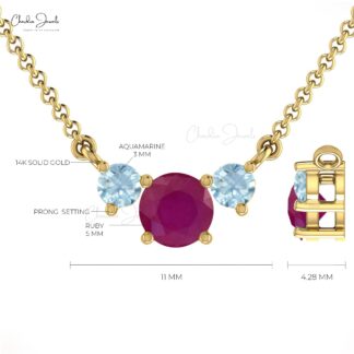 Lavaliere Women Necklace With 5mm Ruby And Aquamarine Prong Set In 14k Real Gold Necklace