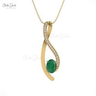 Overlay Diamond Pendant With 0.41 Ct Zambian Emerald Prong Set In 14k Real Gold Necklace