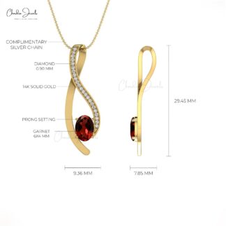 Garnet Curve Pendant in 14K Gold with Round Diamond