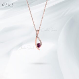 G-H Diamond 14K Gold Curve Pendant with Natural Rhodolite Garnet