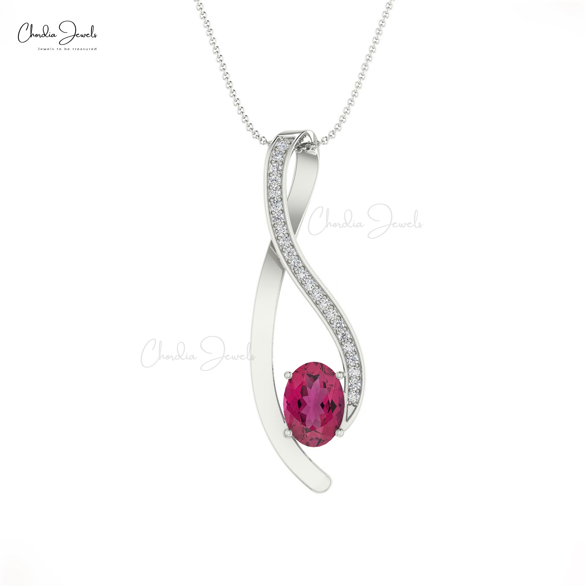 High Class 14K Gold Pink Tourmaline & White Diamond Curve Pendant