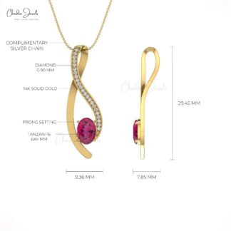 High Class 14K Gold Pink Tourmaline & White Diamond Curve Pendant