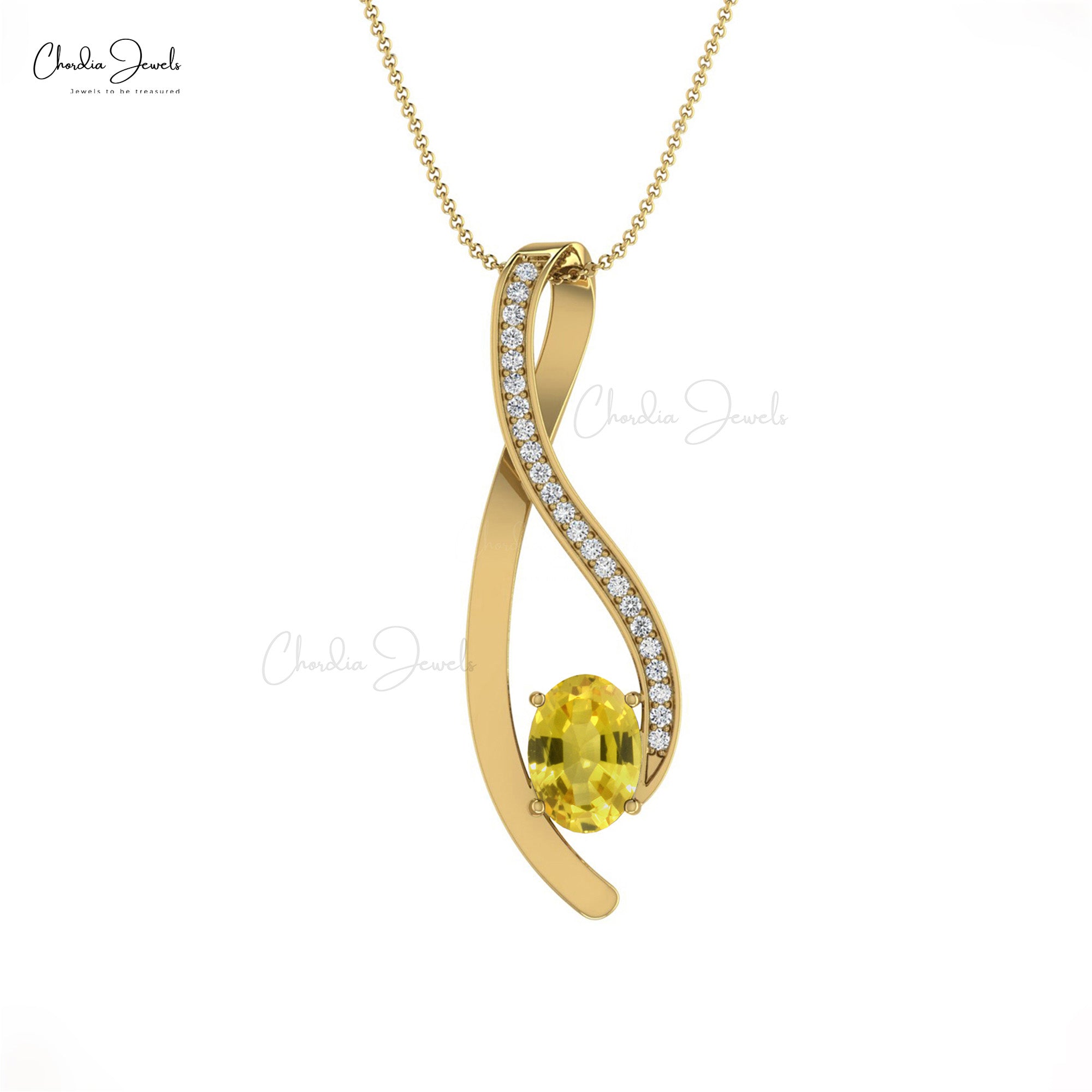 Gemstone Overlay Pendant With 6x4mm Yellow Sapphire And Diamond Necklace in 14k Real Gold