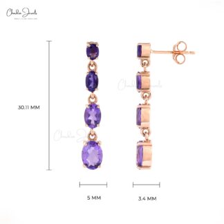 Natural Amethyst 3.40 Ct Dangle Earrings, February Birthstone Long Drop Earrings For Anniversary Gift, 14k Solid Rose Gold Minimalist Jewelry
