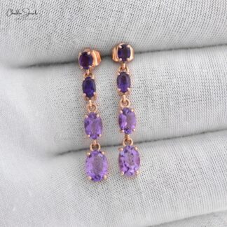 Natural Amethyst 3.40 Ct Dangle Earrings, February Birthstone Long Drop Earrings For Anniversary Gift, 14k Solid Rose Gold Minimalist Jewelry