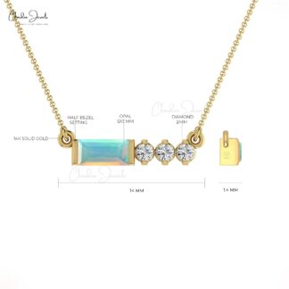 Four Stone Matinee Women Necklace With 6x3mm Opal And Diamond 14k Solid Gold Jewelry
