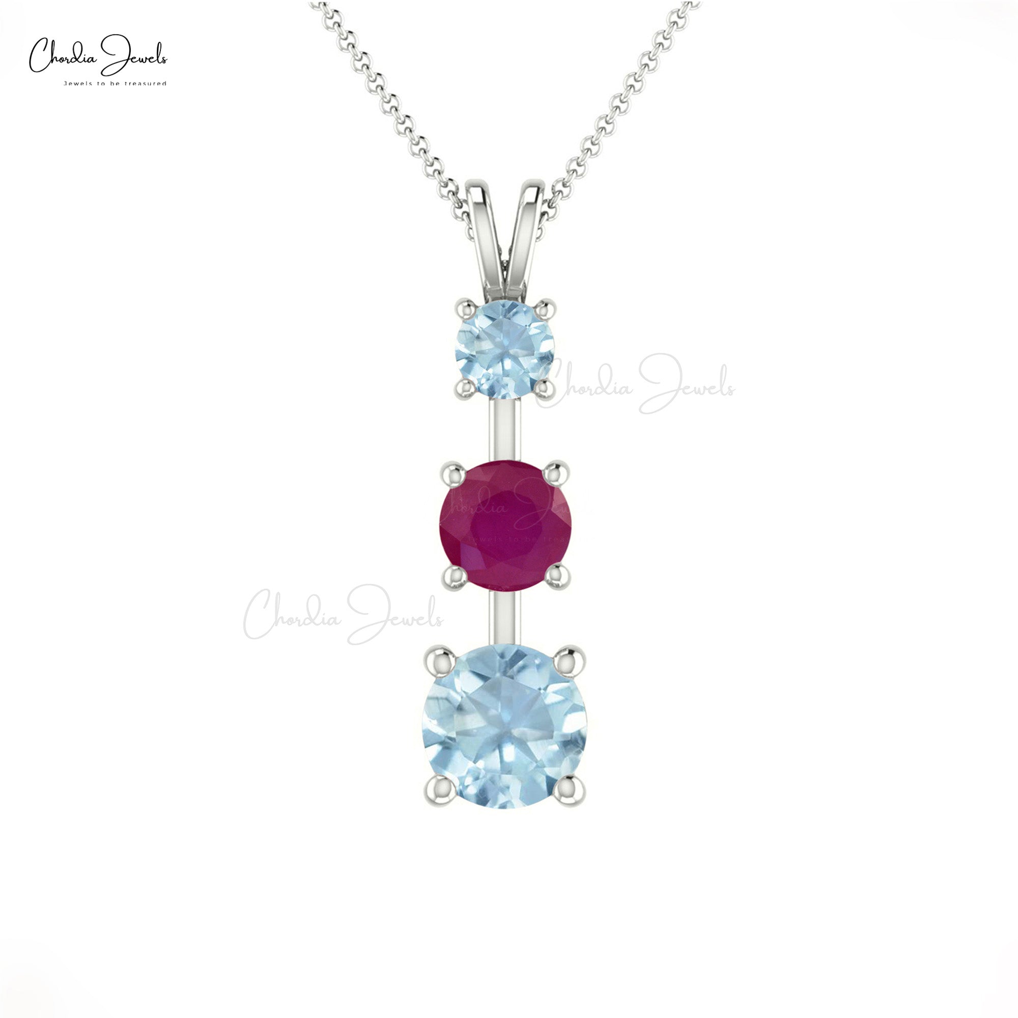 Gold Natural Burmese Ruby & Aquamarine Three Stone Pendant Necklace for Women