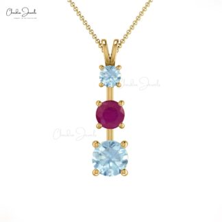 Gold Natural Burmese Ruby & Aquamarine Three Stone Pendant Necklace for Women