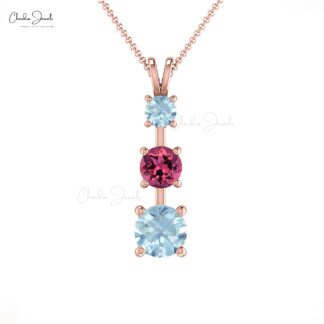 Natural Pink Tourmaline 3 Stone Pendant In 14k Real Gold Aquamarine Fine Women Jewelry