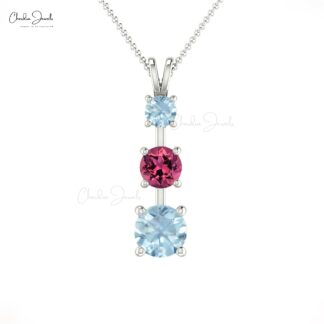 Natural Pink Tourmaline 3 Stone Pendant In 14k Real Gold Aquamarine Fine Women Jewelry
