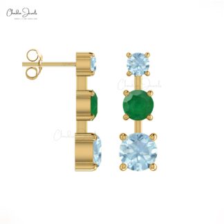 Genuine Emerald & Aquamarine Trilogy Earrings 14k Solid Gold Statement Studs For Gift
