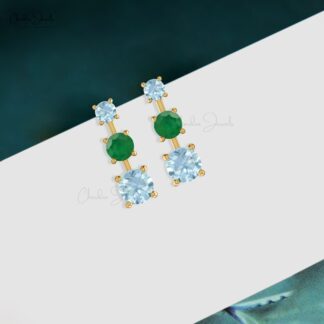 Genuine Emerald & Aquamarine Trilogy Earrings 14k Solid Gold Statement Studs For Gift