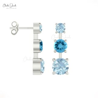 Natural Swiss Blue Topaz & Aquamarine Unique 14k Real Gold 3-Stone Earrings For Her