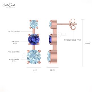 Genuine Tanzanite & Aquamarine 3-Stone Studs in 14k Solid Gold Delicate Earrings