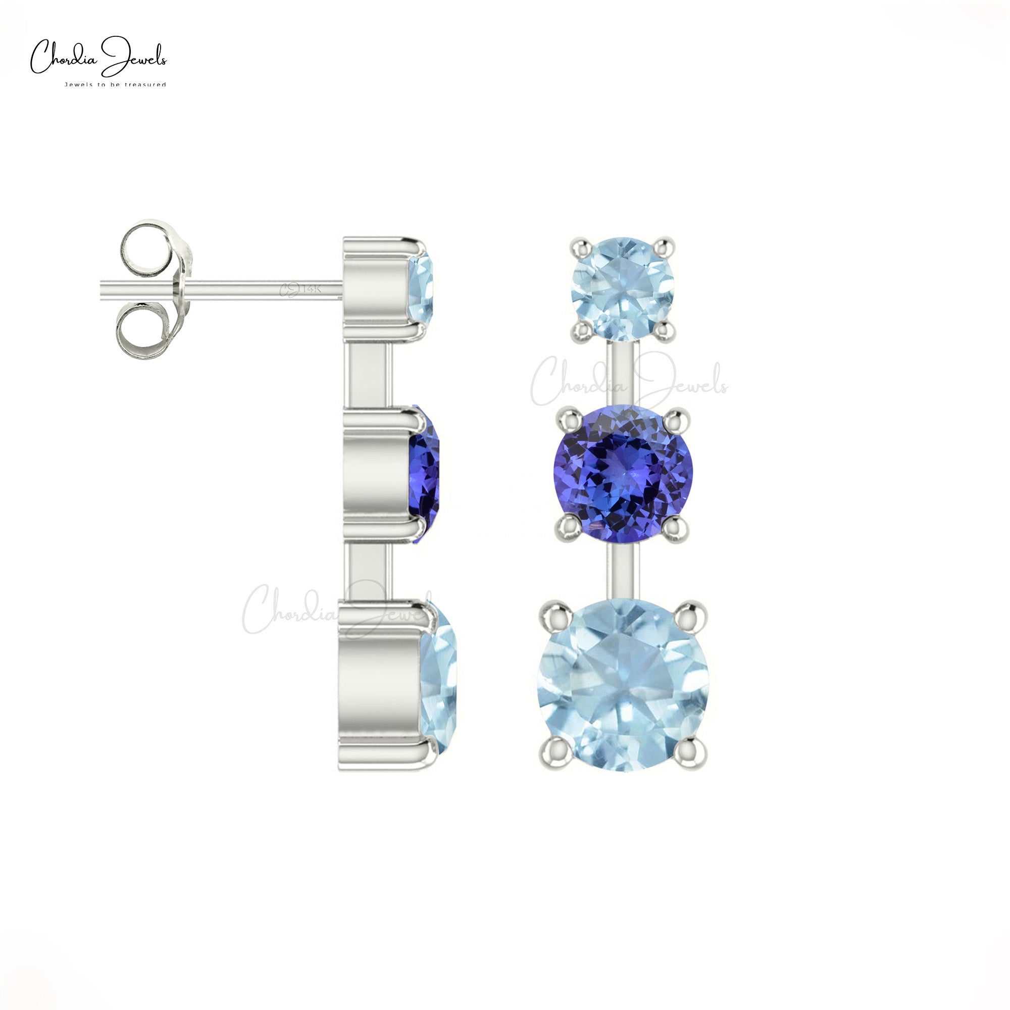Genuine Tanzanite & Aquamarine 3-Stone Studs in 14k Solid Gold Delicate Earrings