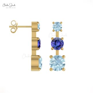 Genuine Tanzanite & Aquamarine 3-Stone Studs in 14k Solid Gold Delicate Earrings