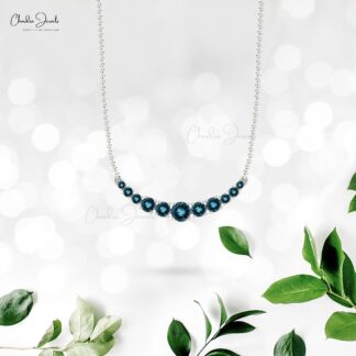 Gemstone Bar Statement Necklace In 14k Real White Gold London Blue Topaz Wedding Jewelry