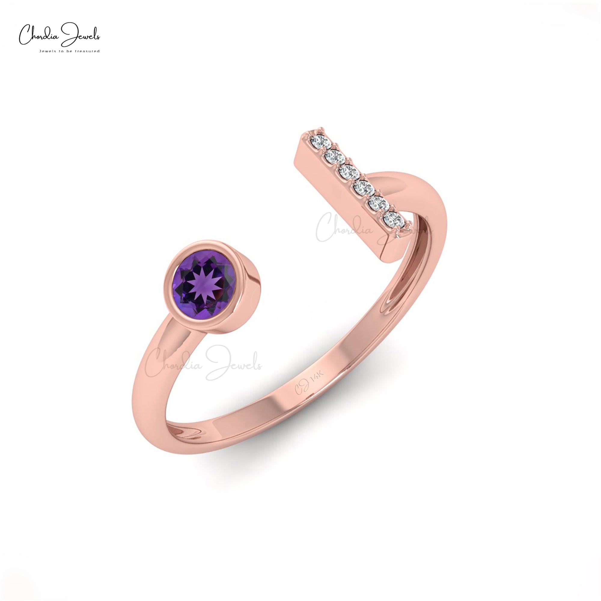 Natural 0.10ct Amethyst Split Shank Ring 14k Solid Gold Diamond Accented Ring For Gift