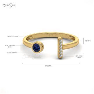 Open Cuff Diamond Ring With 0.17 Ct Ct Blue Sapphire Bezel Set In 14k Real Gold rings
