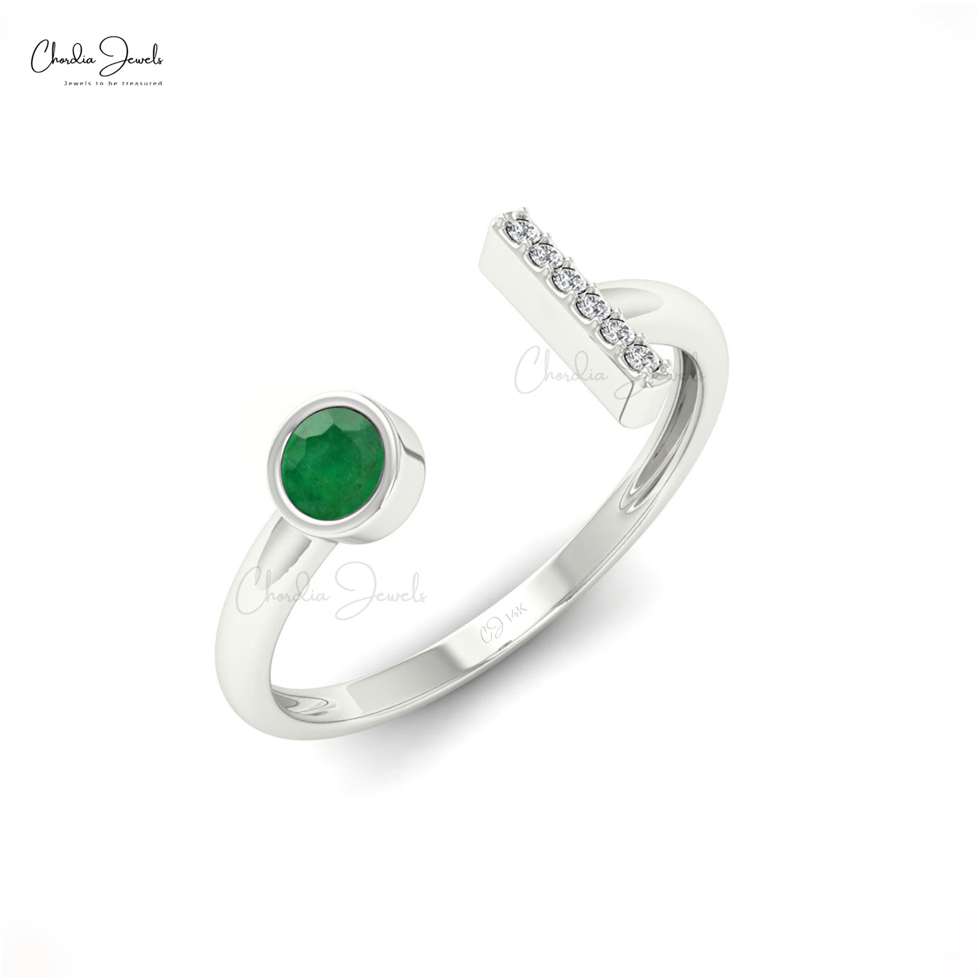 Open Split Shank Ring With Emerald Gemstone Real 14k Gold Diamond Bar Dainty Ring