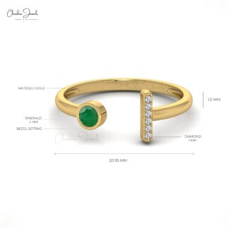 Open Split Shank Ring With Emerald Gemstone Real 14k Gold Diamond Bar Dainty Ring
