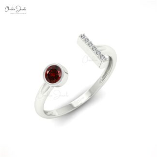 Open Cuff Engagement Ring in 14k Solid Gold Red Garnet 0.14 Ct Gemstone Diamond Rings