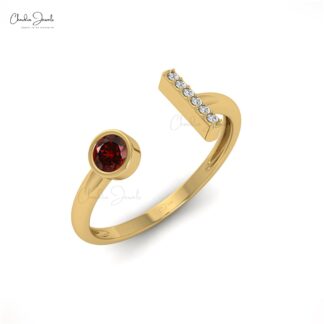 Open Cuff Engagement Ring in 14k Solid Gold Red Garnet 0.14 Ct Gemstone Diamond Rings