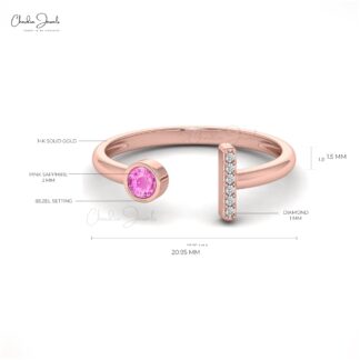 Natural Pink Sapphire Open Cuff Ring In 3mm Gemstone And Diamond 14k Real Gold Jewelry