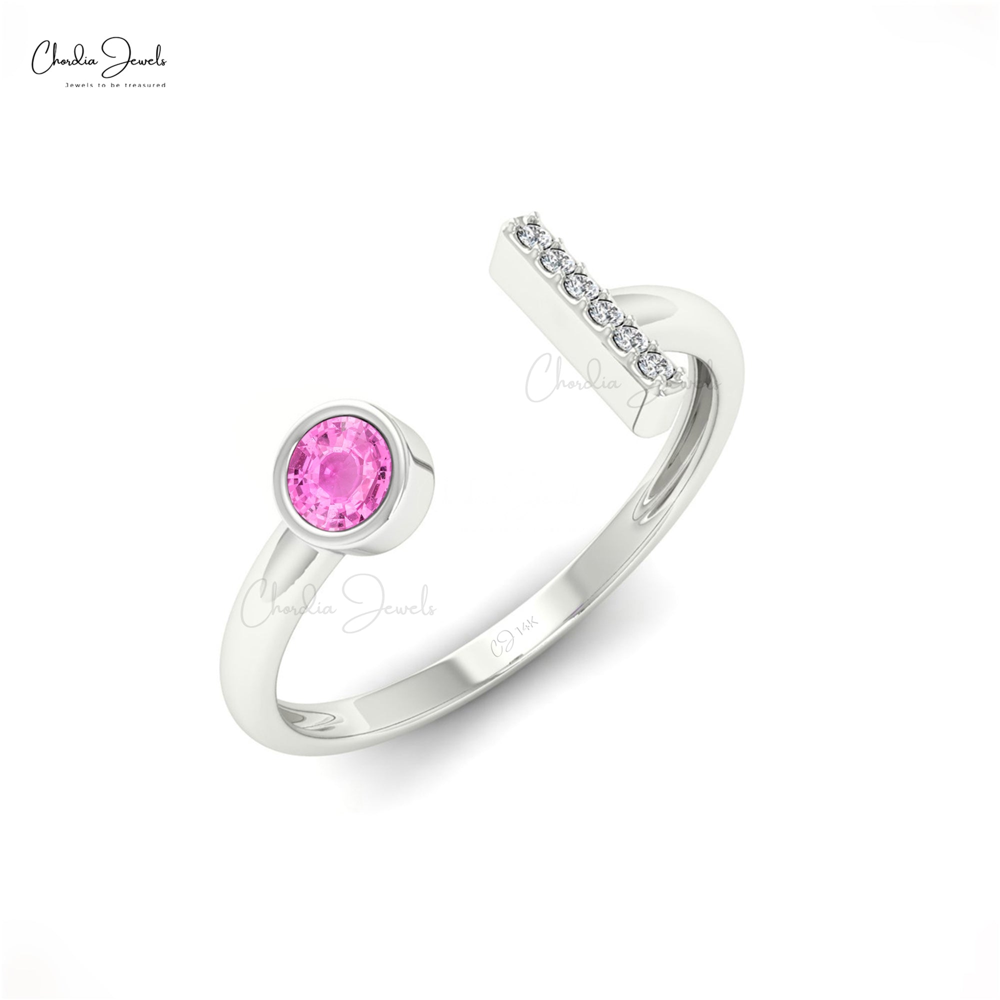 Natural Pink Sapphire Open Cuff Ring In 3mm Gemstone And Diamond 14k Real Gold Jewelry